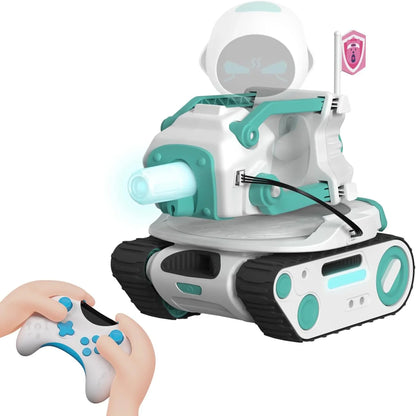 smart tech store Canada. premium tech accessories Canada. Panxer The Exclusive Vehicle Crafted for Eilik Blue. Gallery image 1. The image features a playful, toy tank robot positioned centrally against a seamless white background. The tank is primarily white with teal accents, showcasing a rounded body and a prominent, glowing blue cannon at the front. A small flag with a pink emblem is attached to the top.