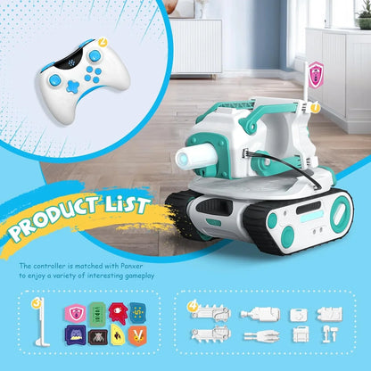 smart tech store Canada. premium tech accessories Canada. Panxer The Exclusive Vehicle Crafted for Eilik Blue. Gallery image 2. A toy tank is prominently displayed in the foreground, featuring a white body with teal accents and a visible cannon at the front. The tank is positioned on a light wooden floor, with a soft, natural light illuminating its details.
