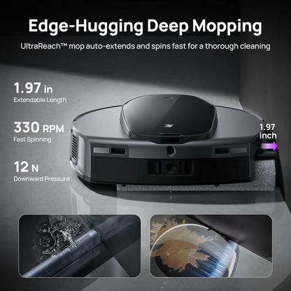smart tech store Canada. premium tech accessories Canada. 3i Smart Robot Vacuum and Mop with Water Recycle Station (S10 Ultra). Gallery image 4. The image features a sleek, dark gray robotic mop positioned at an angle, showcasing its rounded edges and a glossy top surface. It is set against a light gray background, emphasizing the product's design. The mop's front displays various ports and a textured cleaning pad, while the top features a subtle logo.