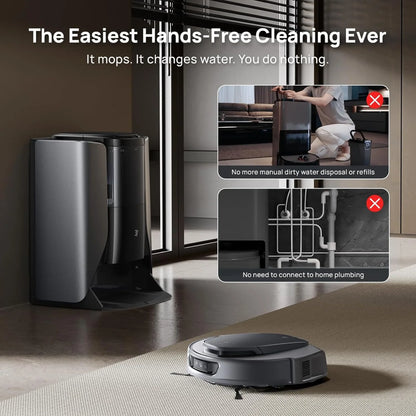 smart tech store Canada. premium tech accessories Canada. 3i Smart Robot Vacuum and Mop with Water Recycle Station (S10 Ultra). Gallery image 2. A sleek, gray robotic mop sits on a light beige carpet, angled slightly to the right. Behind it, a modern, dark gray cleaning station with a smooth finish is positioned against a wall, featuring a water reservoir and a textured base. Natural light filters through large windows, casting soft shadows and highlighting the product's contours.