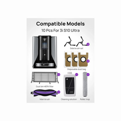 cutting edge electronics online Canada. smart tech store Canada. 3i S10 Ultra Accessory Kit. Gallery image 2. The image features a product layout on a light grey background, showcasing various cleaning accessories compatible with the 3i S10 Ultra model. At the center, a black and silver main unit is displayed, flanked by two side brushes and a dust bin HEPA filter.