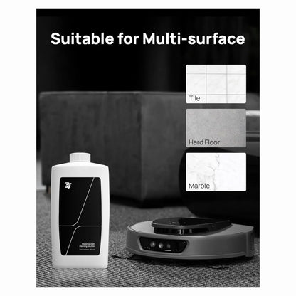 smart tech store Canada. premium tech accessories Canada. 3i S10 Ultra Cleaning Solution. Gallery image 2. A cleaning solution bottle is positioned on the left side of the frame, featuring a white body with a black label that includes a logo and product name. To the right, a robotic vacuum cleaner sits on a textured carpet, showcasing a sleek, rounded design in gray with a glossy black top. The vacuum has three small lights on the front and a smooth surface.