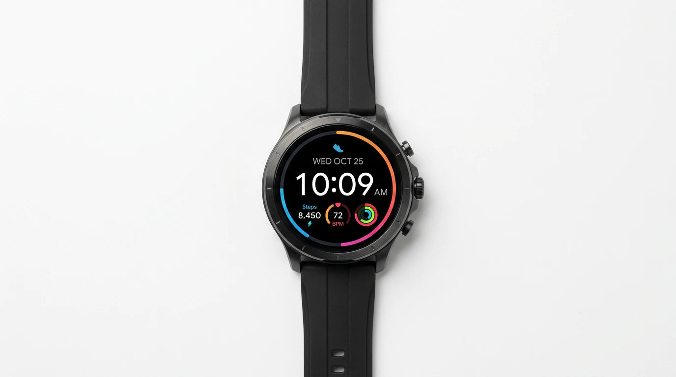 smart tech store Canada. premium tech accessories Canada. Techtron Aurafit AM05 Smart Watch. Gallery image 4. Lines name one specific SKU—never substitute a generic lookalike from the category. After review passes, each render should still read as a fresh studio viewpoint of that same physical unit.