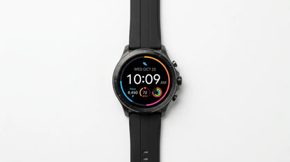 smart tech store Canada. premium tech accessories Canada. Techtron Aurafit AM05 Smart Watch. Gallery image 4. Lines name one specific SKU—never substitute a generic lookalike from the category. After review passes, each render should still read as a fresh studio viewpoint of that same physical unit.