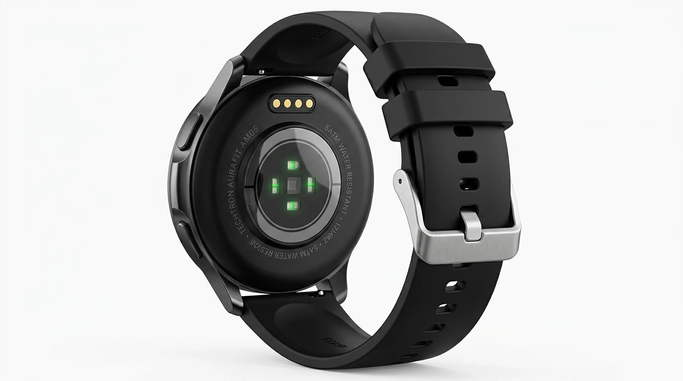 smart tech store Canada. premium tech accessories Canada. Techtron Aurafit AM05 Smart Watch. Gallery image 6. Lines name one specific SKU—never substitute a generic lookalike from the category. After review passes, each render should still read as a fresh studio viewpoint of that same physical unit.