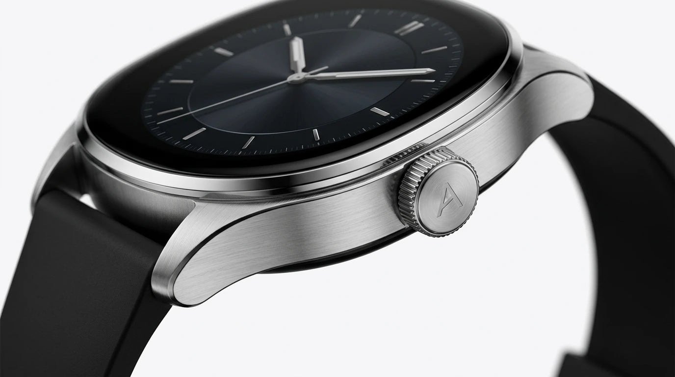 smart tech store Canada. premium tech accessories Canada. Techtron Aurafit AM05 Smart Watch. Gallery image 9. Lines name one specific SKU—never substitute a generic lookalike from the category. After review passes, each render should still read as a fresh studio viewpoint of that same physical unit.