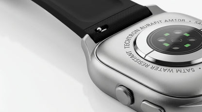 smart tech store Canada. premium tech accessories Canada. Techtron Aurafit AM10B Smart Watch. Gallery image 5. Lines name one specific SKU—never substitute a generic lookalike from the category. After review passes, each render should still read as a fresh studio viewpoint of that same physical unit.