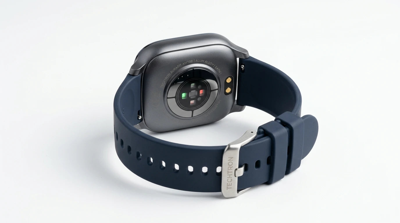 smart tech store Canada. premium tech accessories Canada. Techtron Aurafit AM10B Smart Watch. Gallery image 6. Lines name one specific SKU—never substitute a generic lookalike from the category. After review passes, each render should still read as a fresh studio viewpoint of that same physical unit.