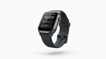 smart tech store Canada. premium tech accessories Canada. Techtron Aurafit AM10B Smart Watch. Gallery image 7. Lines name one specific SKU—never substitute a generic lookalike from the category. After review passes, each render should still read as a fresh studio viewpoint of that same physical unit.