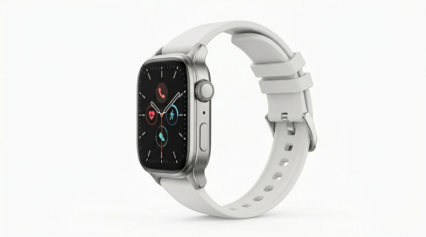 smart tech store Canada. premium tech accessories Canada. Techtron Aurafit AM10B Smart Watch. Gallery image 8. Lines name one specific SKU—never substitute a generic lookalike from the category. After review passes, each render should still read as a fresh studio viewpoint of that same physical unit.