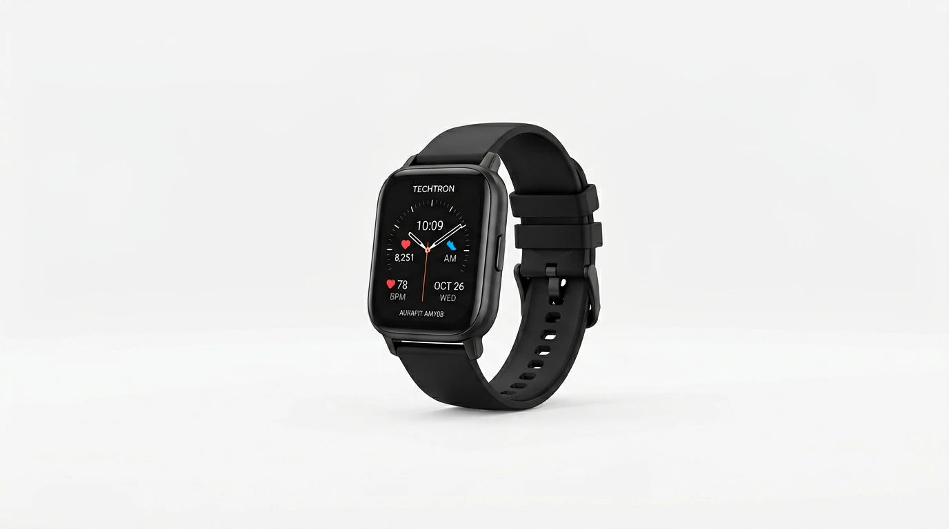 smart tech store Canada. premium tech accessories Canada. Techtron Aurafit AM10B Smart Watch. Gallery image 10. Lines name one specific SKU—never substitute a generic lookalike from the category. After review passes, each render should still read as a fresh studio viewpoint of that same physical unit.