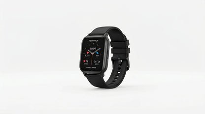 smart tech store Canada. premium tech accessories Canada. Techtron Aurafit AM10B Smart Watch. Gallery image 10. Lines name one specific SKU—never substitute a generic lookalike from the category. After review passes, each render should still read as a fresh studio viewpoint of that same physical unit.