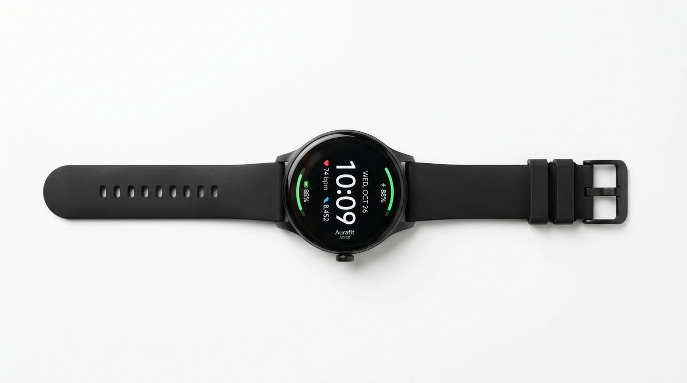 smart tech store Canada. premium tech accessories Canada. Techtron Aurafit AM23 Smart Watch. Gallery image 4. The smartwatch is centered in the frame, lying flat against a seamless white background. Its round, glossy black face displays the time, date, and various health metrics in bright colors, with green and red indicators. The strap is made of matte black rubber, featuring a series of holes for adjustment and a metal buckle on one end.