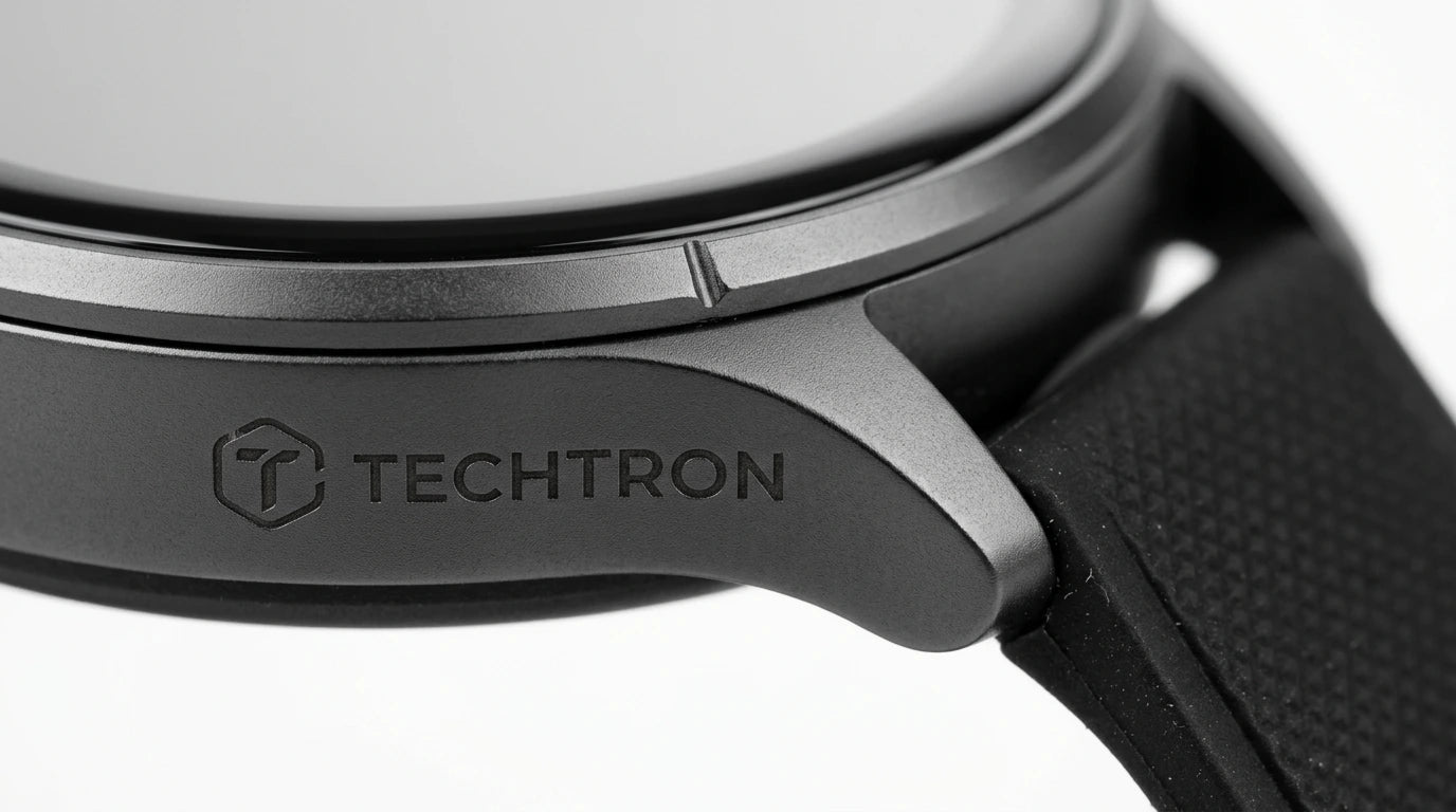 smart tech store Canada. premium tech accessories Canada. Techtron Aurafit AM23 Smart Watch. Gallery image 5. The image features a close-up view of a smartwatch, angled slightly to showcase its design. The watch has a sleek, matte black body with a smooth, circular glass face. Prominently displayed on the side is the engraved logo "TECHTRON," which is set against a textured surface. The background is a seamless white, enhancing the watch's modern aesthetic.