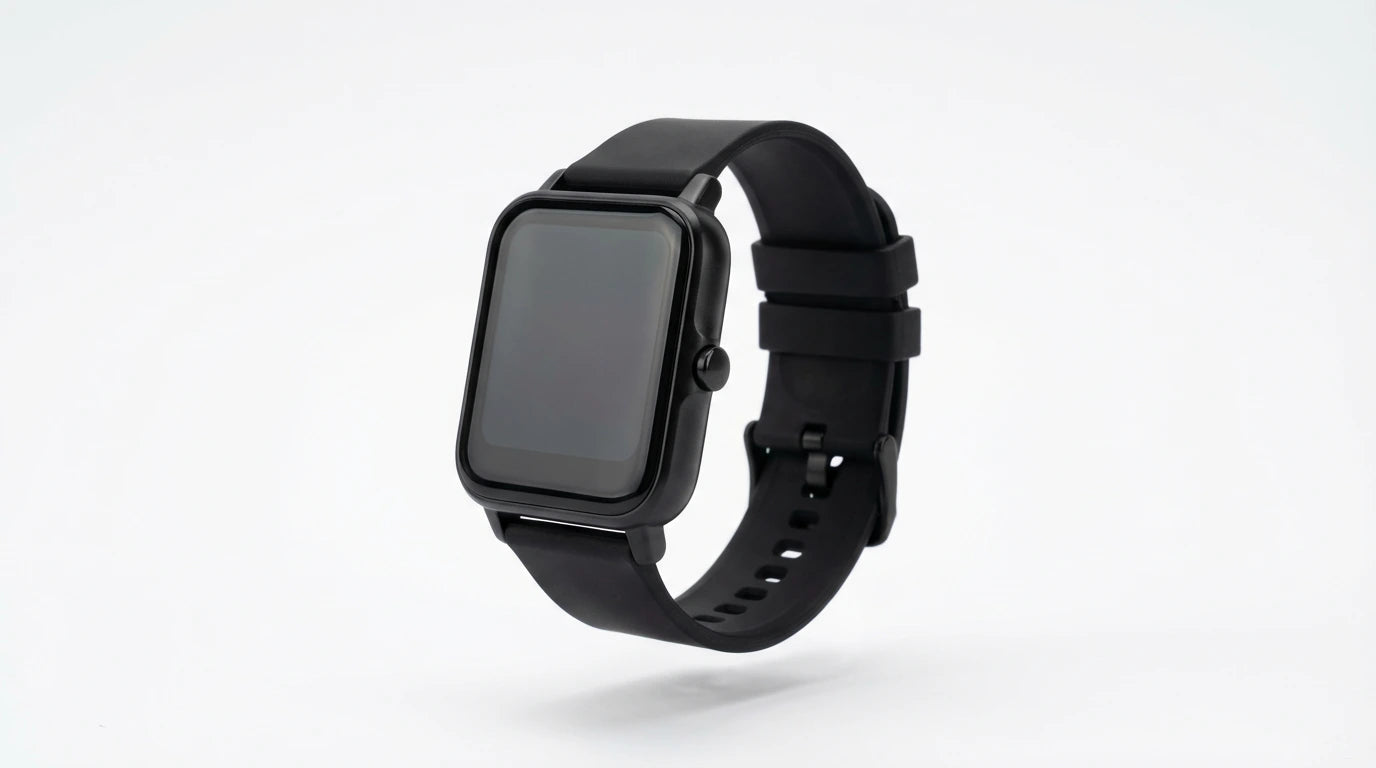 smart tech store Canada. premium tech accessories Canada. Techtron Aurafit AM23 Smart Watch. Gallery image 7. The smartwatch is positioned at a slight angle, showcasing its rectangular face and black silicone strap. The screen is dark and unlit, with a glossy finish that reflects soft light. The strap features multiple adjustment holes and a secure buckle. The background is a seamless white, enhancing the watch's sleek design.