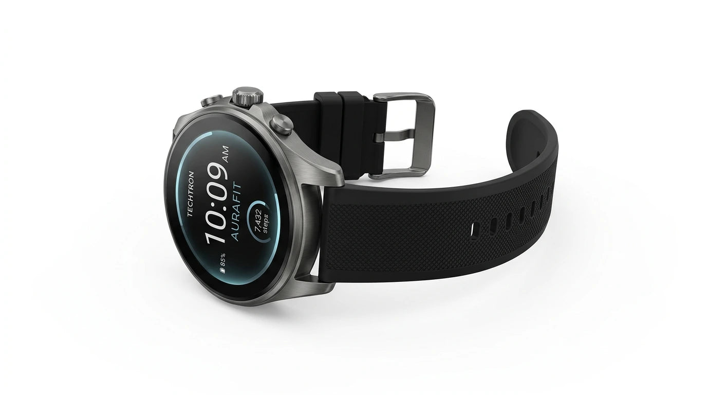 smart tech store Canada. premium tech accessories Canada. Techtron Aurafit AM23 Smart Watch. Gallery image 8. The smartwatch is positioned at a slight angle, showcasing its round face and black silicone strap. The screen displays the time as 10:09 AM, along with battery percentage and other metrics in a sleek, modern font. The watch case is metallic with a brushed finish, reflecting soft light, while the strap features a textured surface for grip.
