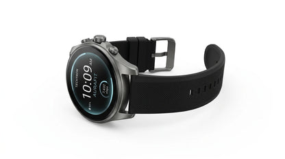 smart tech store Canada. premium tech accessories Canada. Techtron Aurafit AM23 Smart Watch. Gallery image 8. The smartwatch is positioned at a slight angle, showcasing its round face and black silicone strap. The screen displays the time as 10:09 AM, along with battery percentage and other metrics in a sleek, modern font. The watch case is metallic with a brushed finish, reflecting soft light, while the strap features a textured surface for grip.