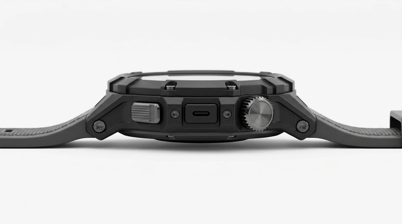 smart tech store Canada. premium tech accessories Canada. Techtron Aurafit AM28 Smart Watch. Gallery image 3. The watch is displayed from a side angle, centered against a seamless white background. The body is predominantly matte black with a rugged design, featuring a textured rubber strap. On the right side, there is a prominent silver crown with a textured grip, and a small button above it. A USB-C port is visible on the left side of the watch.