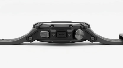 smart tech store Canada. premium tech accessories Canada. Techtron Aurafit AM28 Smart Watch. Gallery image 3. The watch is displayed from a side angle, centered against a seamless white background. The body is predominantly matte black with a rugged design, featuring a textured rubber strap. On the right side, there is a prominent silver crown with a textured grip, and a small button above it. A USB-C port is visible on the left side of the watch.