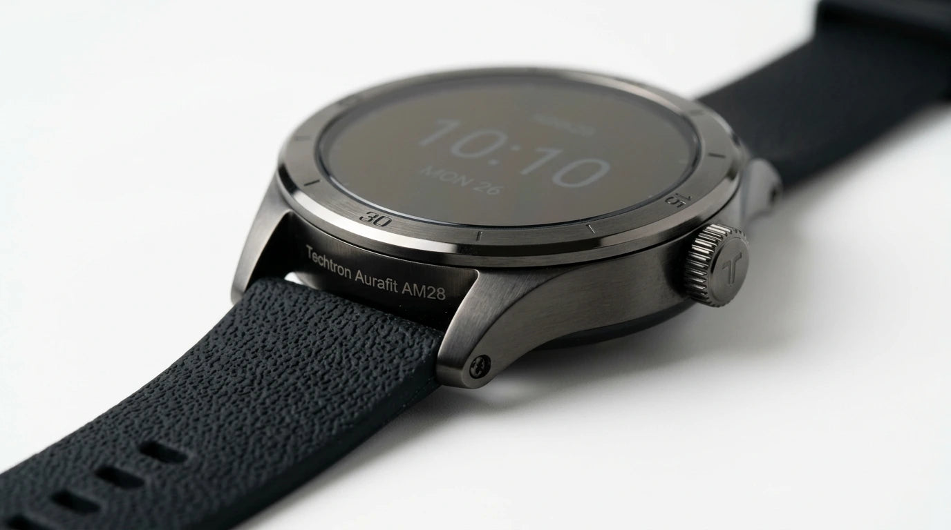 smart tech store Canada. premium tech accessories Canada. Techtron Aurafit AM28 Smart Watch. Gallery image 5. The watch is positioned at an angle, showcasing its round face and textured black strap against a seamless white background. The metallic case has a brushed finish, with a prominent crown on the right side and engraved text reading "Techtron Aurafit AM28" near the bottom.