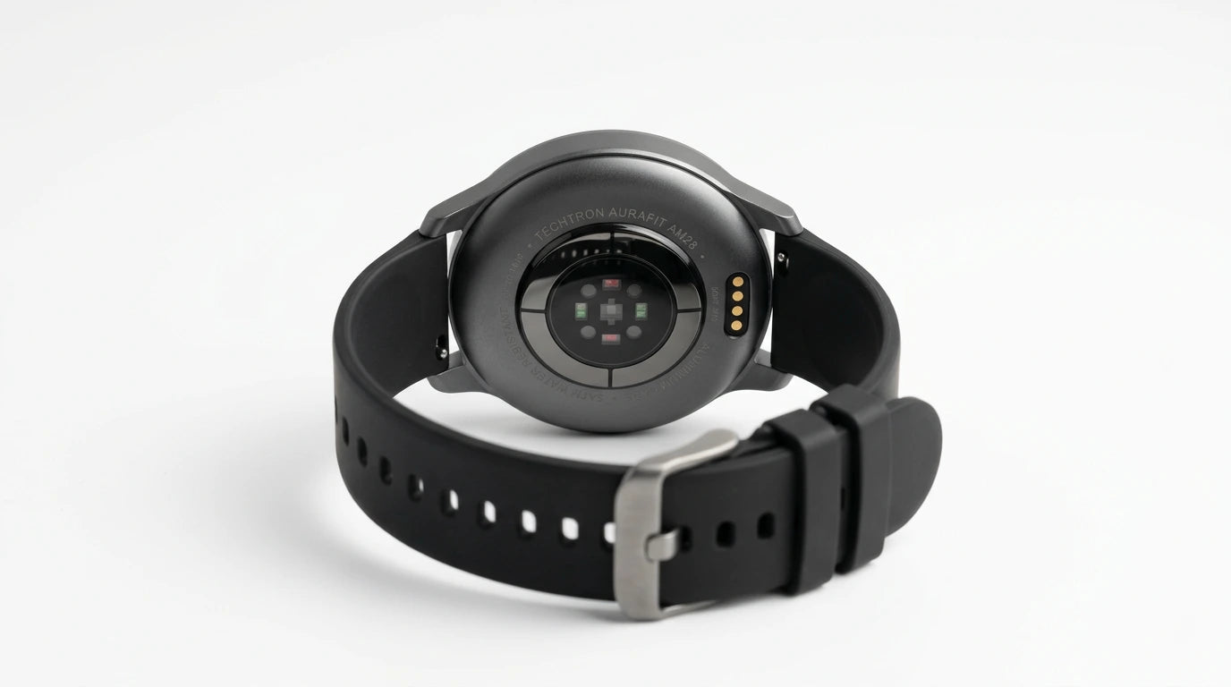 smart tech store Canada. premium tech accessories Canada. Techtron Aurafit AM28 Smart Watch. Gallery image 6. The image shows the back of a smartwatch positioned centrally against a seamless white background. The watch features a round, glossy black case with a circular sensor area in the middle, surrounded by small colored lights. The strap is made of matte black rubber, with a metal buckle on the right side. The overall lighting is soft, highlighting the watch's details without harsh shadows.