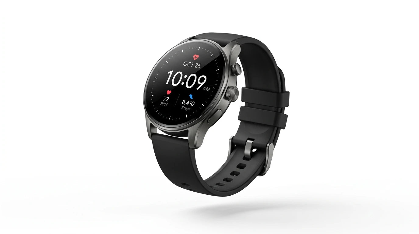 smart tech store Canada. premium tech accessories Canada. Techtron Aurafit AM28 Smart Watch. Gallery image 7. The smartwatch is displayed at a slight angle, showcasing its round face and black silicone strap. The screen is illuminated, showing the time as 10:09 AM, along with heart rate and step count metrics. The watch body features a brushed metal finish, with a prominent side button and a smooth bezel.