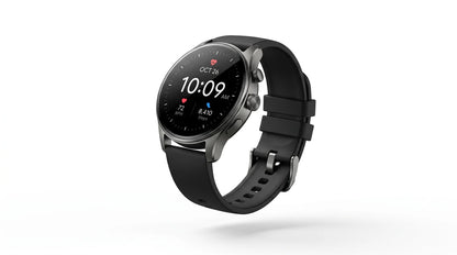 smart tech store Canada. premium tech accessories Canada. Techtron Aurafit AM28 Smart Watch. Gallery image 7. The smartwatch is displayed at a slight angle, showcasing its round face and black silicone strap. The screen is illuminated, showing the time as 10:09 AM, along with heart rate and step count metrics. The watch body features a brushed metal finish, with a prominent side button and a smooth bezel.