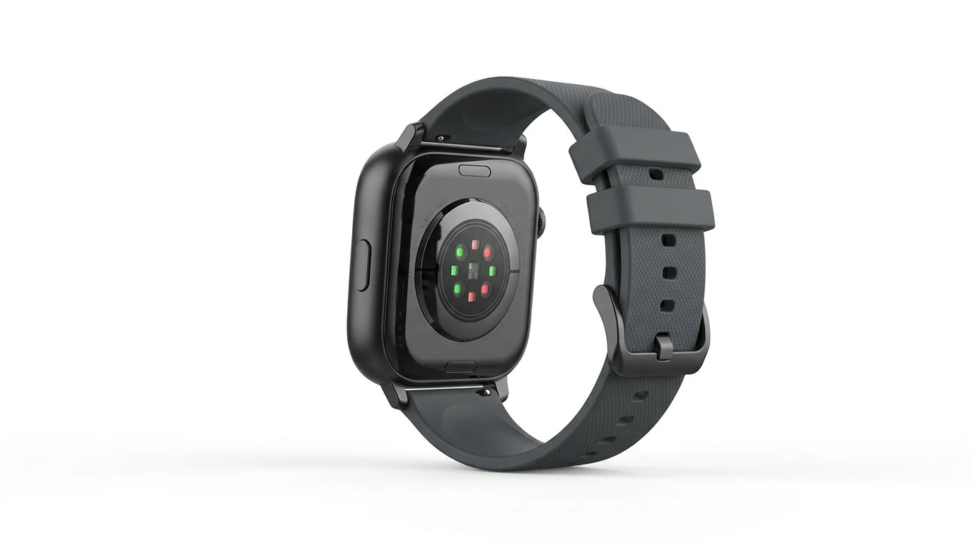 smart tech store Canada. premium tech accessories Canada. Techtron Aurafit AM28 Smart Watch. Gallery image 8. The image shows a black smartwatch positioned at a slight angle, revealing its back. The watch features a smooth, glossy surface with a circular sensor area that includes multiple colored lights—red and green—arranged in a grid pattern. The strap is a textured dark gray rubber, secured with a metal buckle, and has several adjustment holes visible.