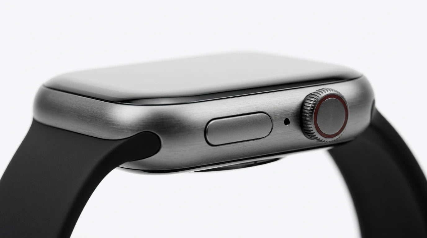 smart tech store Canada. premium tech accessories Canada. Techtron Aurafit AM28 Smart Watch. Gallery image 9. The smartwatch is positioned at a slight angle, showcasing its sleek design against a seamless white background. The body features a brushed metal finish with a glossy black screen on top. On the right side, there is a prominent round button with a red accent and a smaller button below it. The watch band is made of matte black material, seamlessly connecting to the watch body.