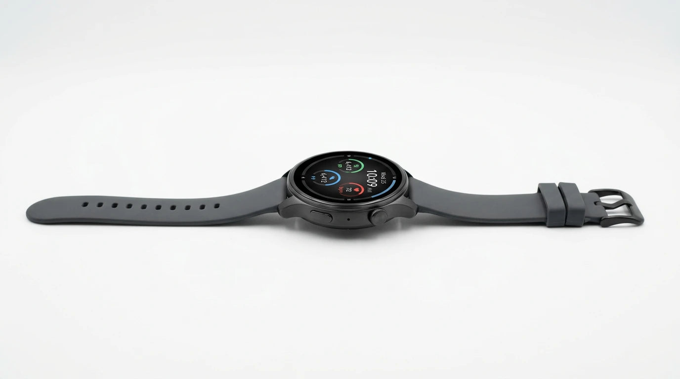 smart tech store Canada. premium tech accessories Canada. Techtron Aurafit AM28 Smart Watch. Gallery image 10. The smartwatch is displayed horizontally against a seamless white background, showcasing its sleek design. The round face features a vibrant digital display with colorful icons indicating time and fitness metrics. The body is matte black, complemented by a matching silicone strap that has multiple adjustment holes and a secure buckle.