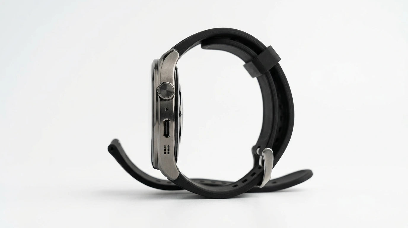 smart tech store Canada. premium tech accessories Canada. Techtron Aurafit G6 Smart Watch. Gallery image 3. Lines name one specific SKU—never substitute a generic lookalike from the category. After review passes, each render should still read as a fresh studio viewpoint of that same physical unit.
