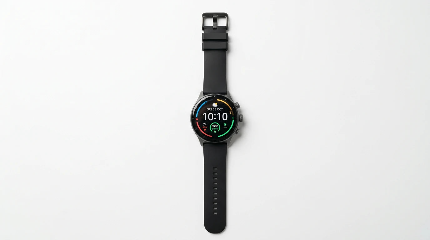 smart tech store Canada. premium tech accessories Canada. Techtron Aurafit G6 Smart Watch. Gallery image 4. Lines name one specific SKU—never substitute a generic lookalike from the category. After review passes, each render should still read as a fresh studio viewpoint of that same physical unit.