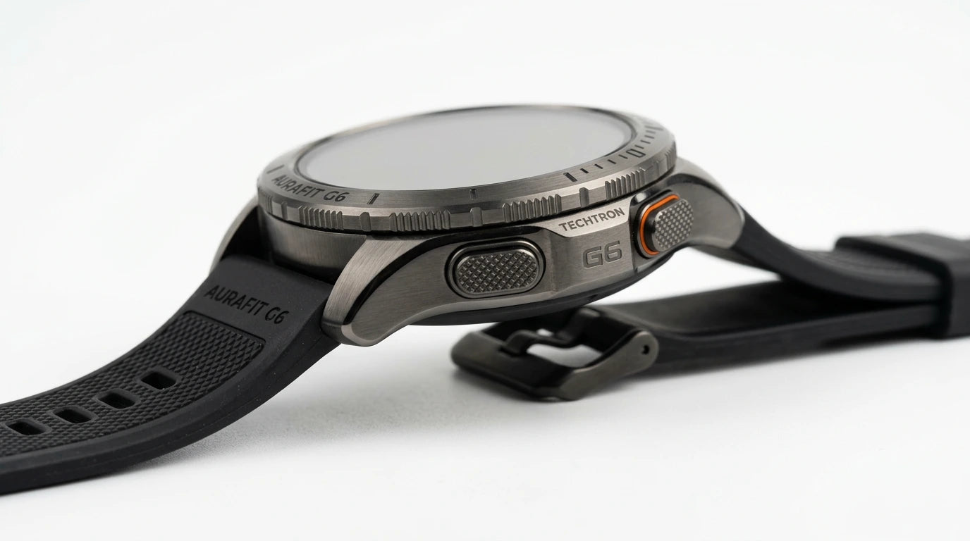smart tech store Canada. premium tech accessories Canada. Techtron Aurafit G6 Smart Watch. Gallery image 5. Lines name one specific SKU—never substitute a generic lookalike from the category. After review passes, each render should still read as a fresh studio viewpoint of that same physical unit.