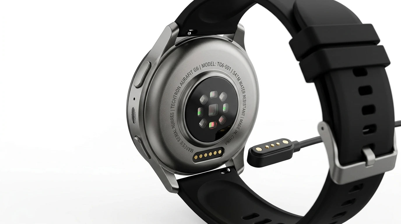 smart tech store Canada. premium tech accessories Canada. Techtron Aurafit G6 Smart Watch. Gallery image 6. Lines name one specific SKU—never substitute a generic lookalike from the category. After review passes, each render should still read as a fresh studio viewpoint of that same physical unit.
