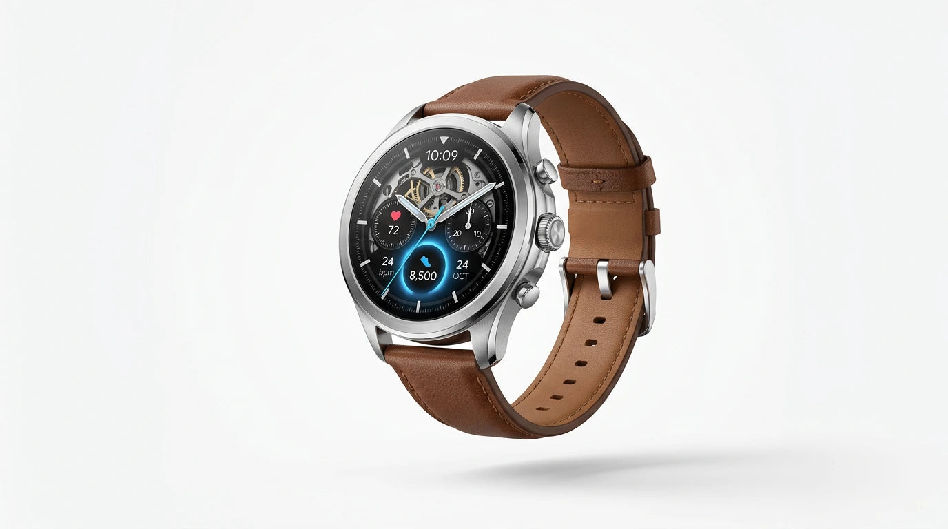 smart tech store Canada. premium tech accessories Canada. Techtron Aurafit G6 Smart Watch. Gallery image 7. Lines name one specific SKU—never substitute a generic lookalike from the category. After review passes, each render should still read as a fresh studio viewpoint of that same physical unit.