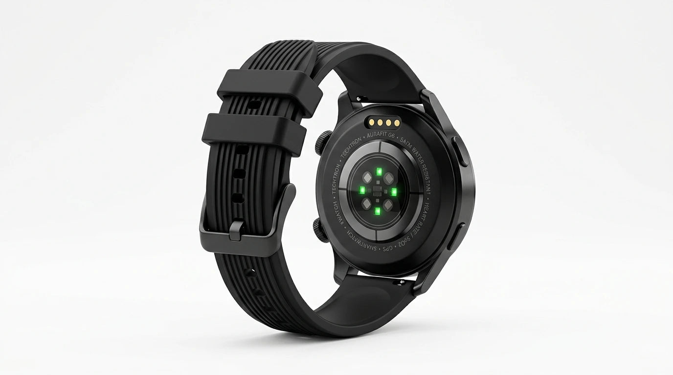 smart tech store Canada. premium tech accessories Canada. Techtron Aurafit G6 Smart Watch. Gallery image 8. Lines name one specific SKU—never substitute a generic lookalike from the category. After review passes, each render should still read as a fresh studio viewpoint of that same physical unit.