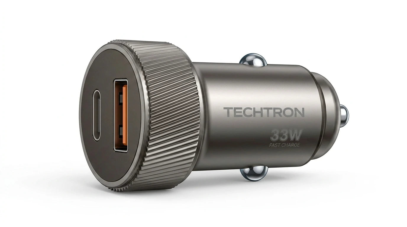 smart tech store Canada. premium tech accessories Canada. Techtron C-857 33W USB-C and USB-A Car Charger. Gallery image 3. Lines name one specific SKU—never substitute a generic lookalike from the category. After review passes, each render should still read as a fresh studio viewpoint of that same physical unit.