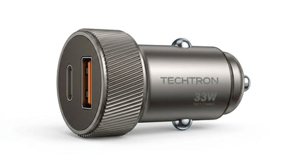 smart tech store Canada. premium tech accessories Canada. Techtron C-857 33W USB-C and USB-A Car Charger. Gallery image 3. Lines name one specific SKU—never substitute a generic lookalike from the category. After review passes, each render should still read as a fresh studio viewpoint of that same physical unit.