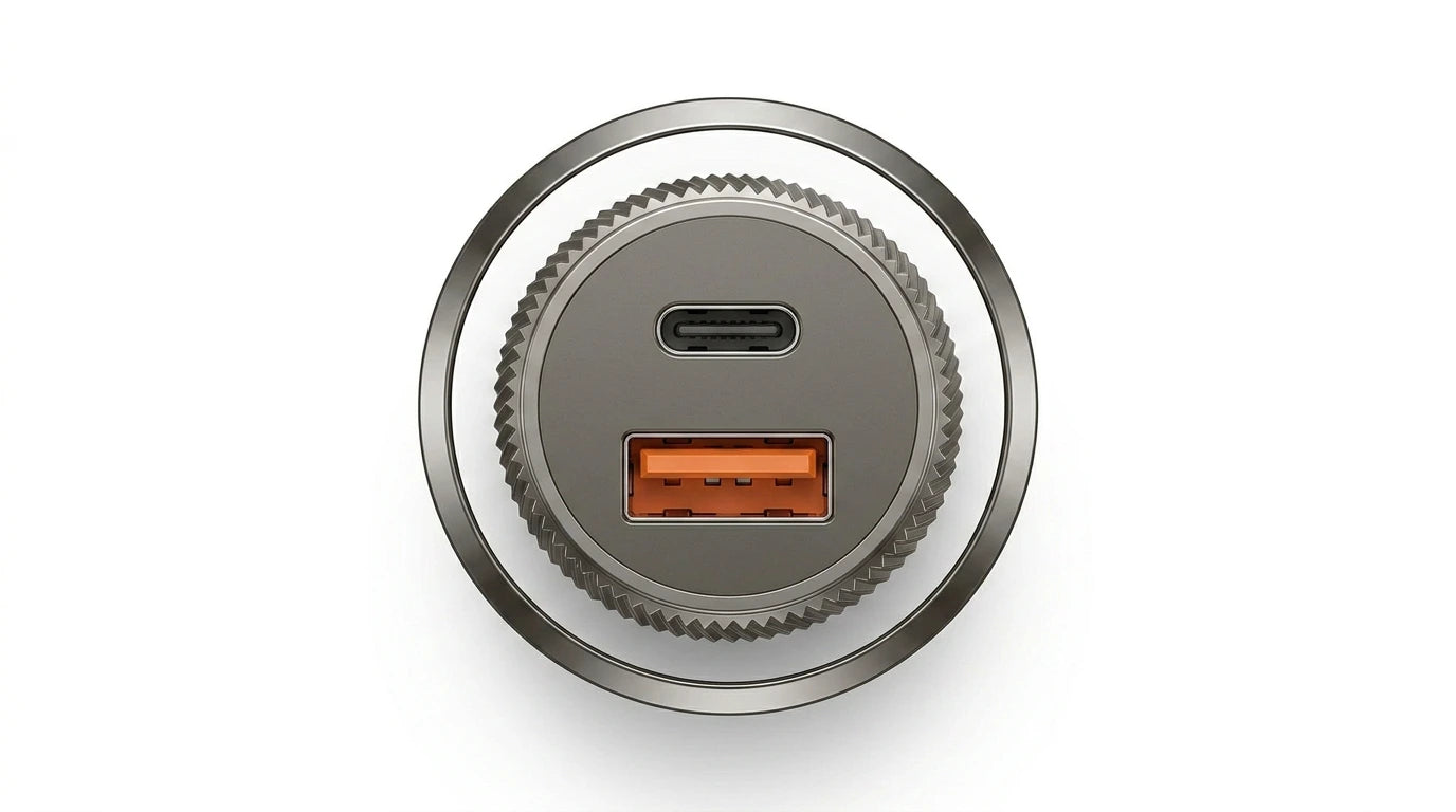 smart tech store Canada. premium tech accessories Canada. Techtron C-857 33W USB-C and USB-A Car Charger. Gallery image 4. Lines name one specific SKU—never substitute a generic lookalike from the category. After review passes, each render should still read as a fresh studio viewpoint of that same physical unit.