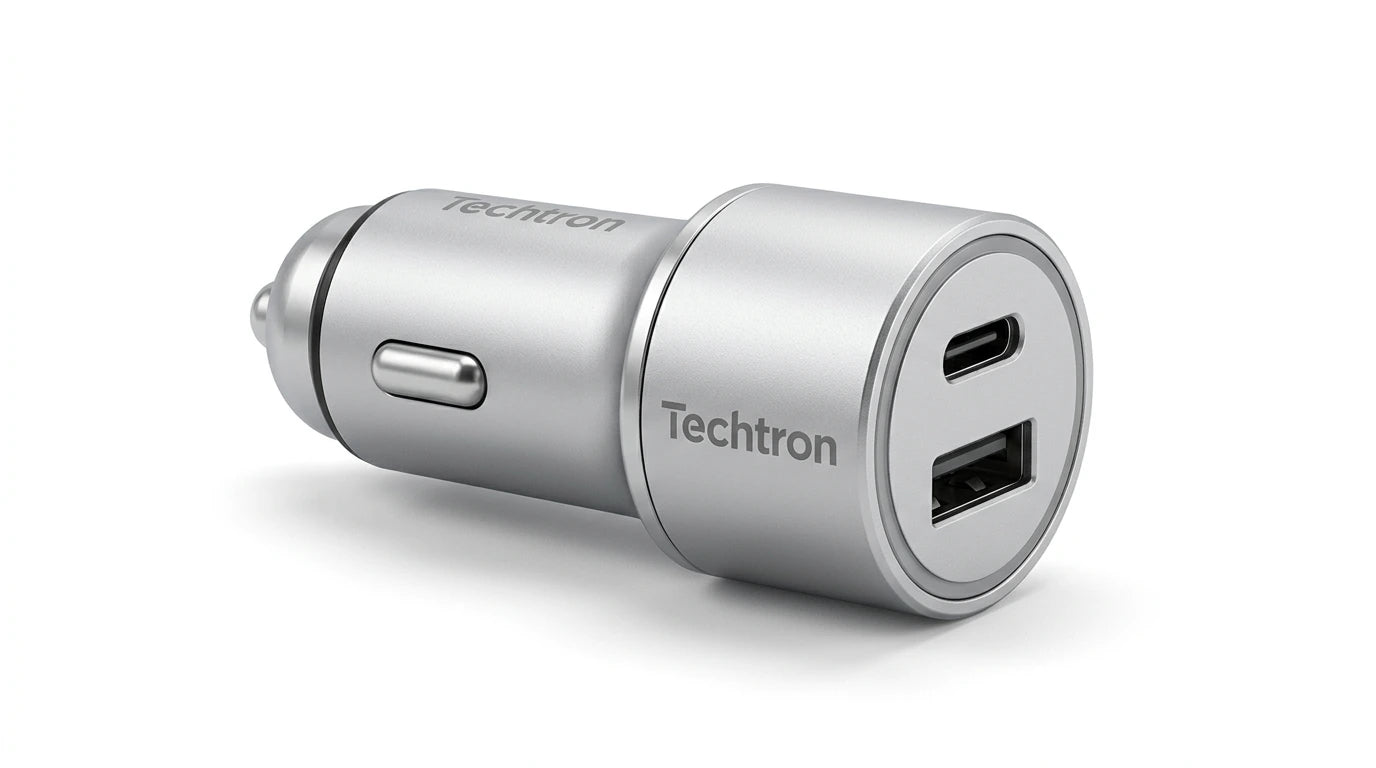 smart tech store Canada. premium tech accessories Canada. Techtron C-857 33W USB-C and USB-A Car Charger. Gallery image 5. Lines name one specific SKU—never substitute a generic lookalike from the category. After review passes, each render should still read as a fresh studio viewpoint of that same physical unit.