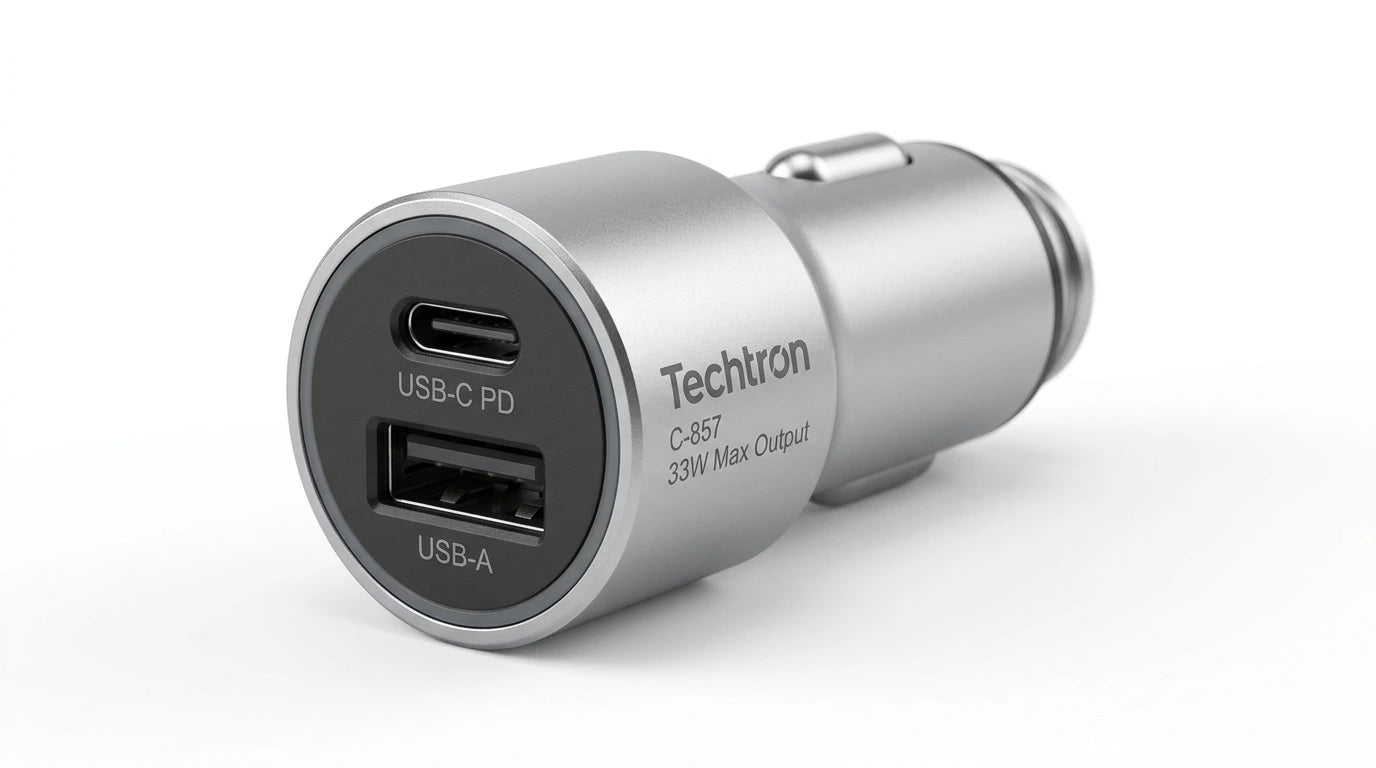 smart tech store Canada. premium tech accessories Canada. Techtron C-857 33W USB-C and USB-A Car Charger. Gallery image 6. Lines name one specific SKU—never substitute a generic lookalike from the category. After review passes, each render should still read as a fresh studio viewpoint of that same physical unit.