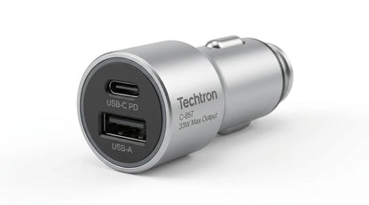 smart tech store Canada. premium tech accessories Canada. Techtron C-857 33W USB-C and USB-A Car Charger. Gallery image 6. Lines name one specific SKU—never substitute a generic lookalike from the category. After review passes, each render should still read as a fresh studio viewpoint of that same physical unit.