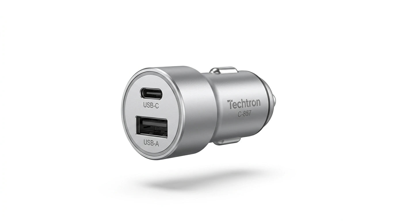 smart tech store Canada. premium tech accessories Canada. Techtron C-857 33W USB-C and USB-A Car Charger. Gallery image 7. Lines name one specific SKU—never substitute a generic lookalike from the category. After review passes, each render should still read as a fresh studio viewpoint of that same physical unit.