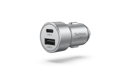 smart tech store Canada. premium tech accessories Canada. Techtron C-857 33W USB-C and USB-A Car Charger. Gallery image 7. Lines name one specific SKU—never substitute a generic lookalike from the category. After review passes, each render should still read as a fresh studio viewpoint of that same physical unit.