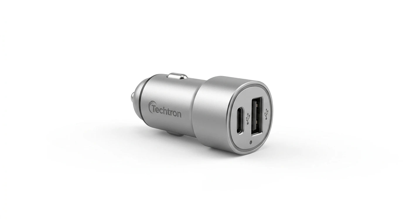 smart tech store Canada. premium tech accessories Canada. Techtron C-857 33W USB-C and USB-A Car Charger. Gallery image 8. Lines name one specific SKU—never substitute a generic lookalike from the category. After review passes, each render should still read as a fresh studio viewpoint of that same physical unit.