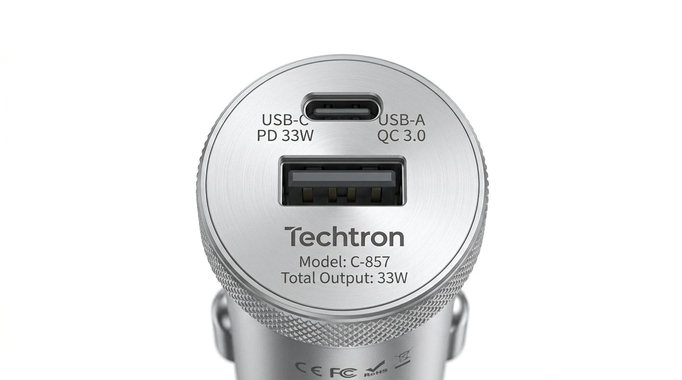 smart tech store Canada. premium tech accessories Canada. Techtron C-857 33W USB-C and USB-A Car Charger. Gallery image 9. Lines name one specific SKU—never substitute a generic lookalike from the category. After review passes, each render should still read as a fresh studio viewpoint of that same physical unit.