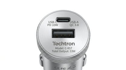 smart tech store Canada. premium tech accessories Canada. Techtron C-857 33W USB-C and USB-A Car Charger. Gallery image 9. Lines name one specific SKU—never substitute a generic lookalike from the category. After review passes, each render should still read as a fresh studio viewpoint of that same physical unit.
