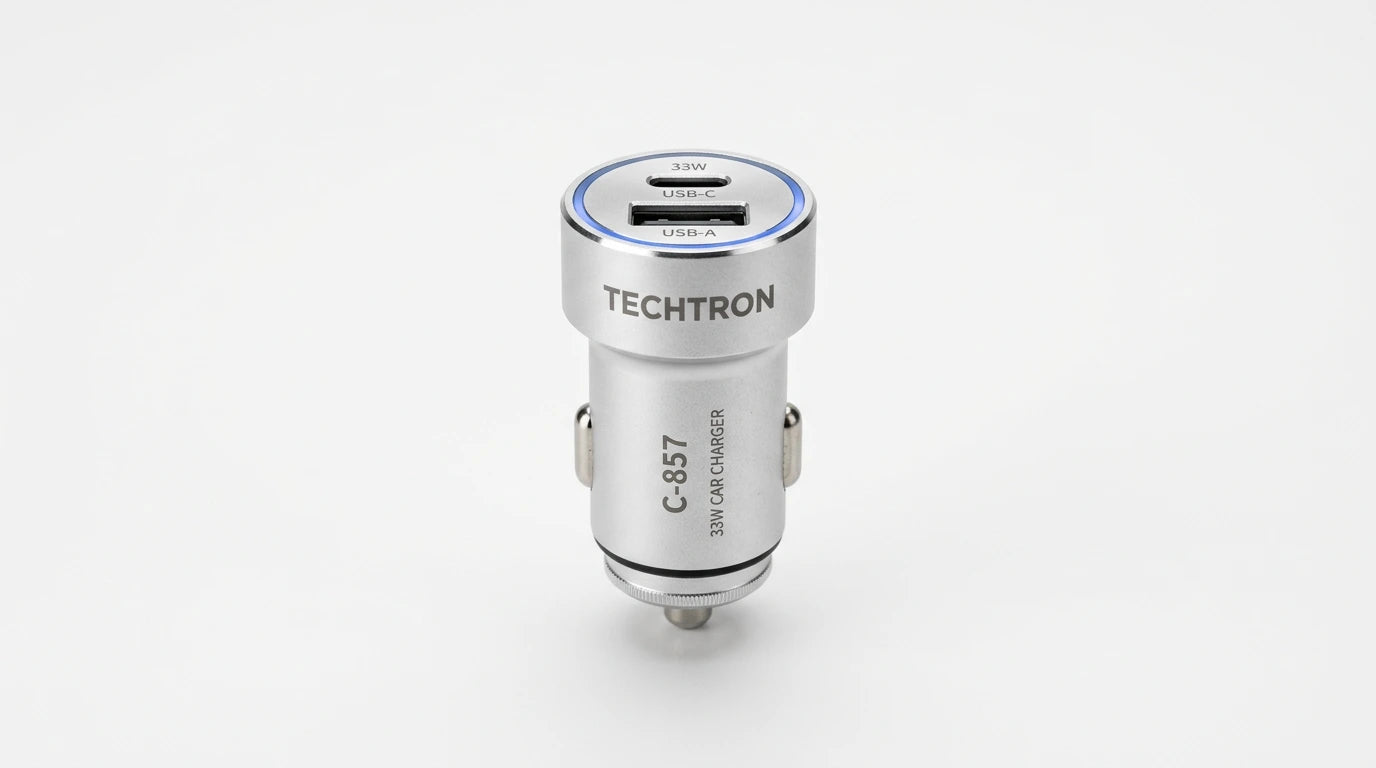 smart tech store Canada. premium tech accessories Canada. Techtron C-857 33W USB-C and USB-A Car Charger. Gallery image 10. Lines name one specific SKU—never substitute a generic lookalike from the category. After review passes, each render should still read as a fresh studio viewpoint of that same physical unit.