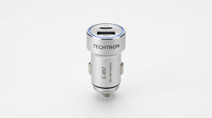 smart tech store Canada. premium tech accessories Canada. Techtron C-857 33W USB-C and USB-A Car Charger. Gallery image 10. Lines name one specific SKU—never substitute a generic lookalike from the category. After review passes, each render should still read as a fresh studio viewpoint of that same physical unit.