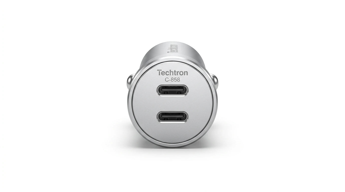 smart tech store Canada. premium tech accessories Canada. Techtron C-858 33W Dual USB-C Fast Car Adapter. Gallery image 2. Lines name one specific SKU—never substitute a generic lookalike from the category. After review passes, each render should still read as a fresh studio viewpoint of that same physical unit.